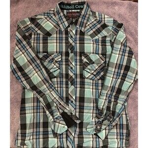 Rock & Roll Cowboy Mens Large Long Sleeve Faded Weathered Look Snap Shirt